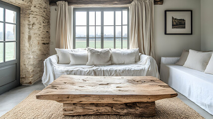 Rustic living room interior with a large wooden coffee table, linen sofa, and stone wall.  Natural light streams through a window overlooking a tranquil landscape.