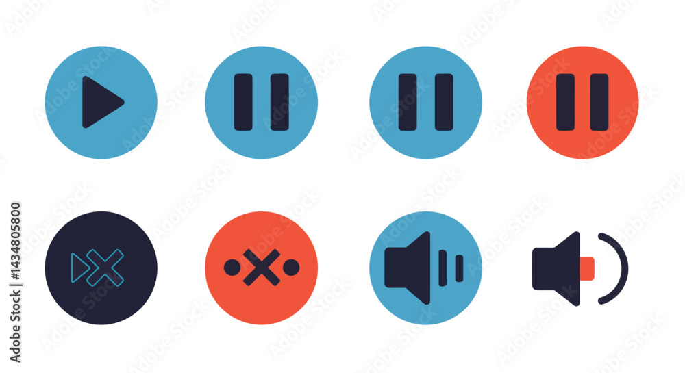 Poster media player control buttons icons featuring play pause mute next volume for interface design and mu