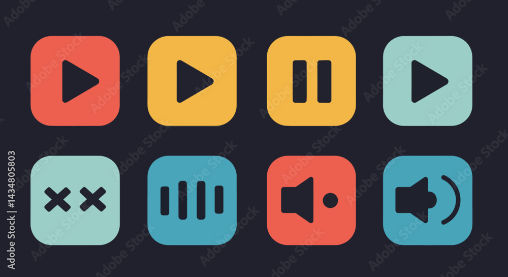 Poster media player control icons set on dark background perfect for user interface and digital design proj