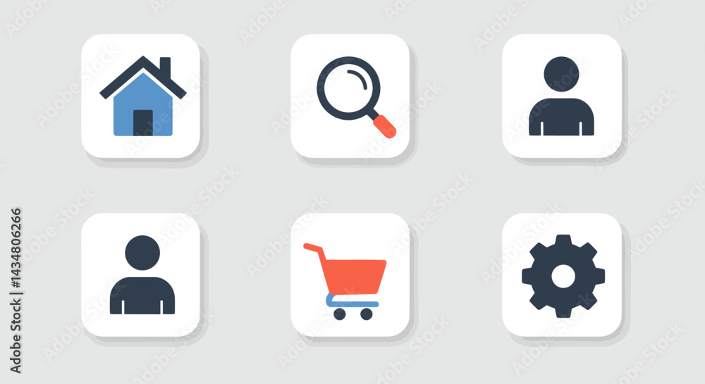 Poster set of flat design vector icons for user interface mobile and web applications featuring home, searc