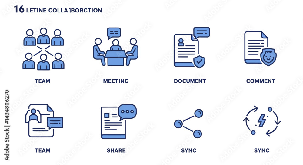 Poster set of modern vector line icons of collaboration teamwork meeting and document sharing synchronizati