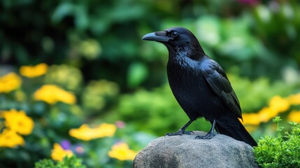 Obraz premium Dark crow perched on a stone amidst vibrant garden blooms.