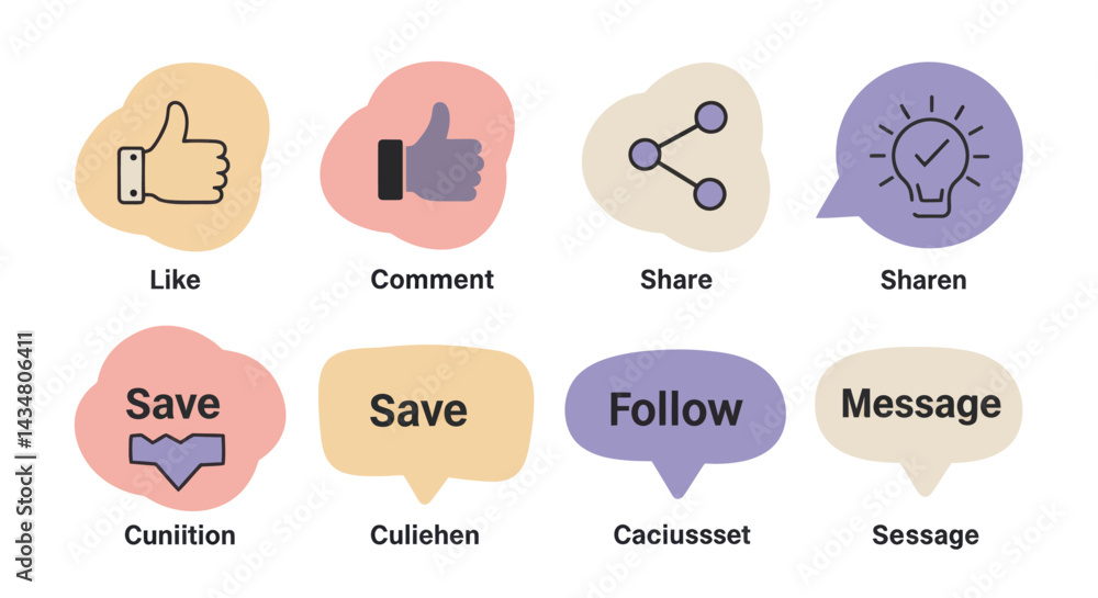 Poster social media interaction icon set featuring like comment share save follow and message buttons for e