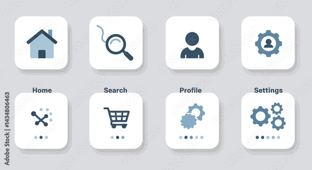 Poster ui design concept with home, search, profile, settings icons for navigation and user experience emph