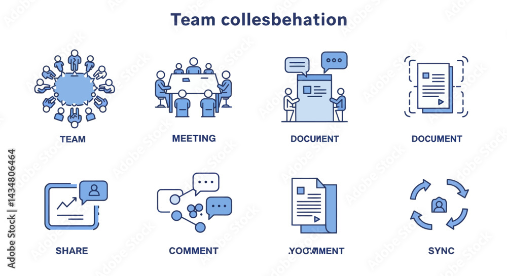 Aufkleber team collaboration vector icons depicting meeting share comment sync document team business manageme