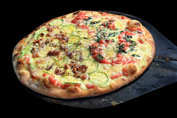 Brazilian pizza with half cheese, ham and onions and the other half margherita pizza