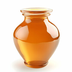 Honey jar, golden liquid, white background, sweet food