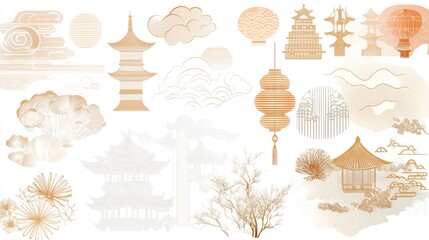 Fototapeta premium Oriental Illustration. Pagodas, lanterns, clouds and other elements. Graphic art