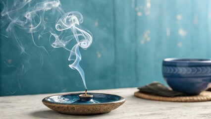 Azure toned scene, A close-up of an indigo ceramic incense holder against a blue indigo-themed background. Blue Indigo Theme Background.