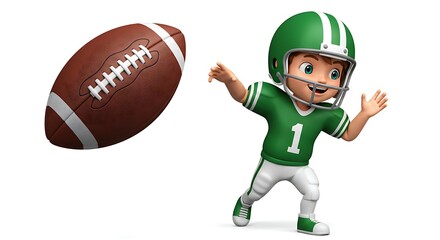 Cartoon Boy Throwing a Football on White Background