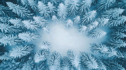 Aerial view of snow-covered pine trees forming a natural winter wonderland circle. Perfect for winter, Christmas, or holiday themes.