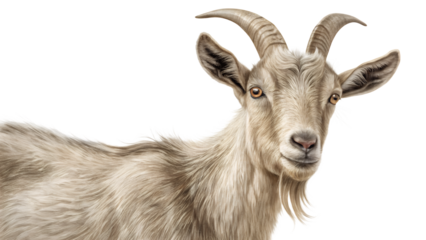 Smiling Goat's Gaze: A close-up shot of a charming goat, its expressive eyes and curved horns showcase the rustic beauty and gentle nature of farm life.