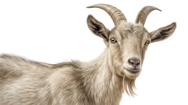 Smiling Goat's Gaze: A close-up shot of a charming goat, its expressive eyes and curved horns showcase the rustic beauty and gentle nature of farm life.
