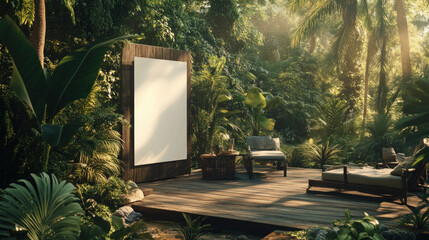 Fototapeta premium Serene outdoor relaxation area in a lush forest, featuring a blank canvas for art, surrounded by vibrant greenery