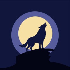Stylized wolf howling at the full moon, minimalist wild animal silhouette design, perfect for t-shirts, tattoos, posters, and outdoor adventure branding.