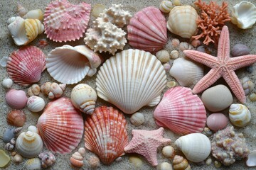 Collection of seashells on sand