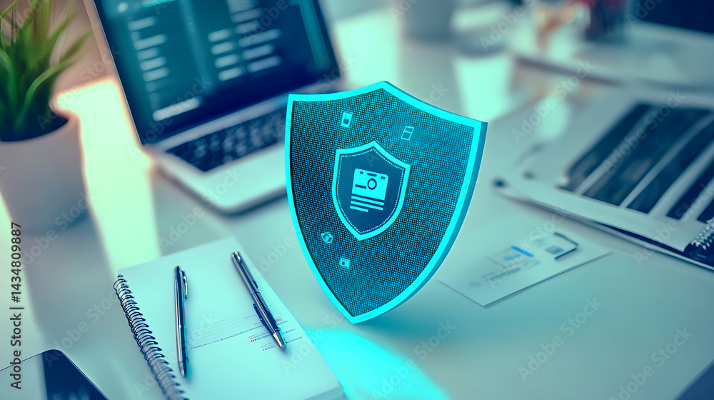 Poster cybersecurity shield icon digital environment graphic design modern technology abstract viewpoint se