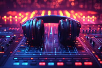 Headphones on mixing console, neon lights, music production