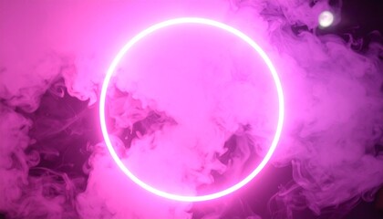宇宙空間を満たすピンクと紫の霧、中心から放射される光の輪がスピリチュアルなエネルギーを導く神聖なビジュアル

