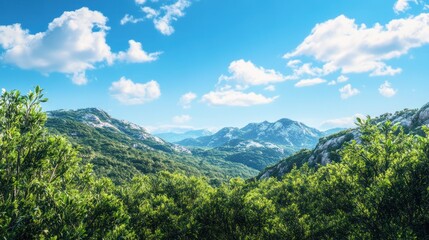 Obraz premium Picturesque mountain landscape under bright skies, showcasing nature's majestic scenery