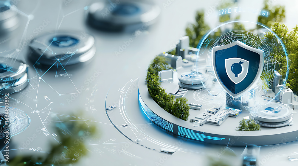 Poster cybersecurity shield icon digital environment graphic design modern technology abstract viewpoint se