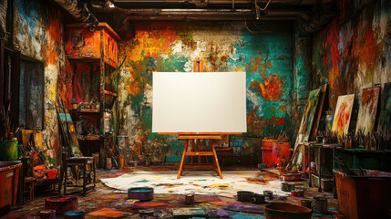 Obraz premium Vibrant artist studio filled with colorful paint splatters, empty canvas on easel, and art supplies scattered around