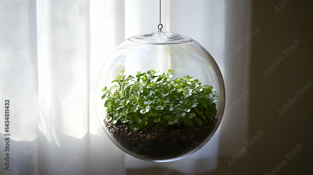Poster serene hanging terrarium with lush greenery, illuminated by soft window light, creating a tranquil i