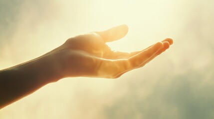 A person hand with an open palm extended forward, against a plain white background, illuminated by bright, even daylight.
