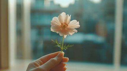 A delicate pale pink flower held gently in a person's hand against a softly blurred urban backdrop.  The image conveys serenity and natural beauty.