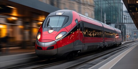 Naklejka premium High-speed train moving rapidly through a station at dusk