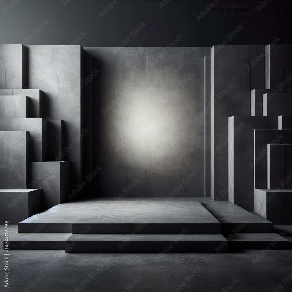 Poster monochromatic gray blocks create a minimalistic, abstract stage with light accentuating the subtle