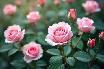 Small-scale repeating rosebuds, soft pastel hues, texture, floral, background