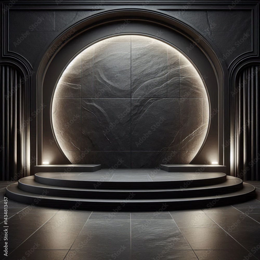 Poster elegant stage setting features a circular stone wall with subtle lighting and minimalist