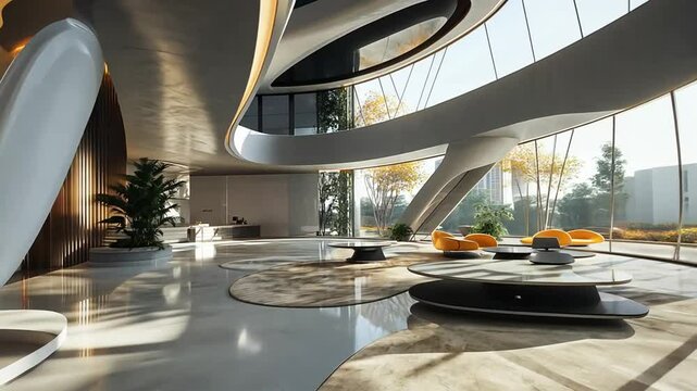 Futuristic architectural design showcases a modern lobby bathed in natural sunlight