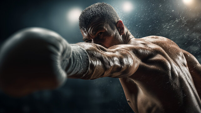 Powerful Boxer Throwing a Jab in Intense Fight