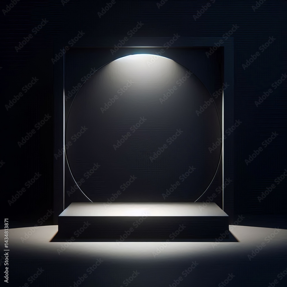 Poster abstract minimalist dark scene featuring a backlit display platform and circular frame