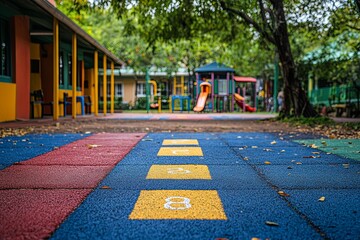 A vibrant school playground featuring a hopscotch game on the ground