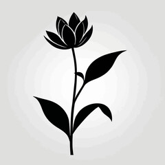 Elegant Black Silhouette of a Blooming Flower with Leaves on a Light Background