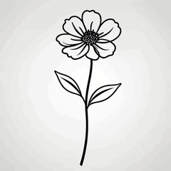 Elegant Black Line Drawing of a Single Flower with Leaves on a White Background