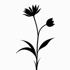 Elegant Black Silhouette of Blooming Flowers Botanical Illustration with Simple Stem and Leaves Perfect for Design Projects