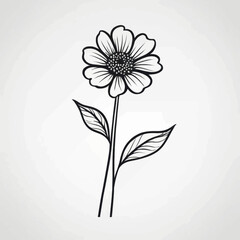 Elegant Black and White Floral Line Art Drawing of a Single Flower with Leaves on a Light Grey Background