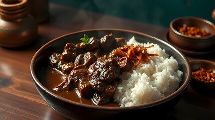 Fototapeta premium A 3D rendering of Indonesian Rendang slow-cooked beef, steamed rice, fried shallots. Rich deep teal tones, soft dreamy atmosphere, hazy soft light, luxurious and vibrant colors