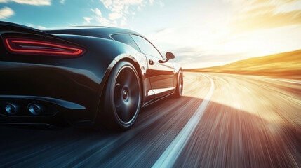 Silver sports car speeding on desert highway at dusk, vibrant light reflecting on metallic surface, backlighting enhancing shadows and curves, wide-angle cinematic shot 3.