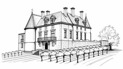 Fototapeta premium A 3D rendered hand-drawn sketch of a French château with stone walls, elegant balconies, and a vineyard, using rough lines and textured pencil strokes on a white background