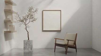 Chair by plant and blank picture frame in the corner of the room ready for text