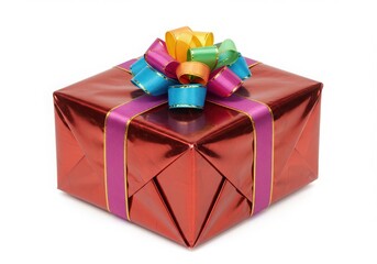 Red gift box with colorful bow isolated on white background