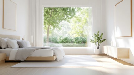 Bright, modern bedroom with large window, showcasing natural light and greenery