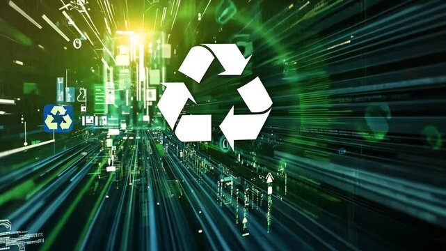 Animated recycling symbol amidst a futuristic digital environment with icons and data streams