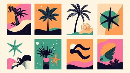 Obraz premium Tropical Collage Ocean, Beach, Plants, Starfish, Seashells for art and decoration