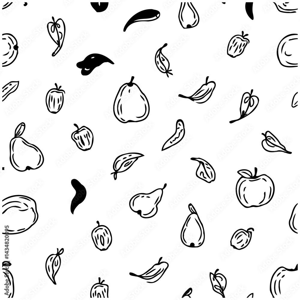 Poster seamless hand-drawn pattern showcasing various fruits and botanical elements in minimalist style